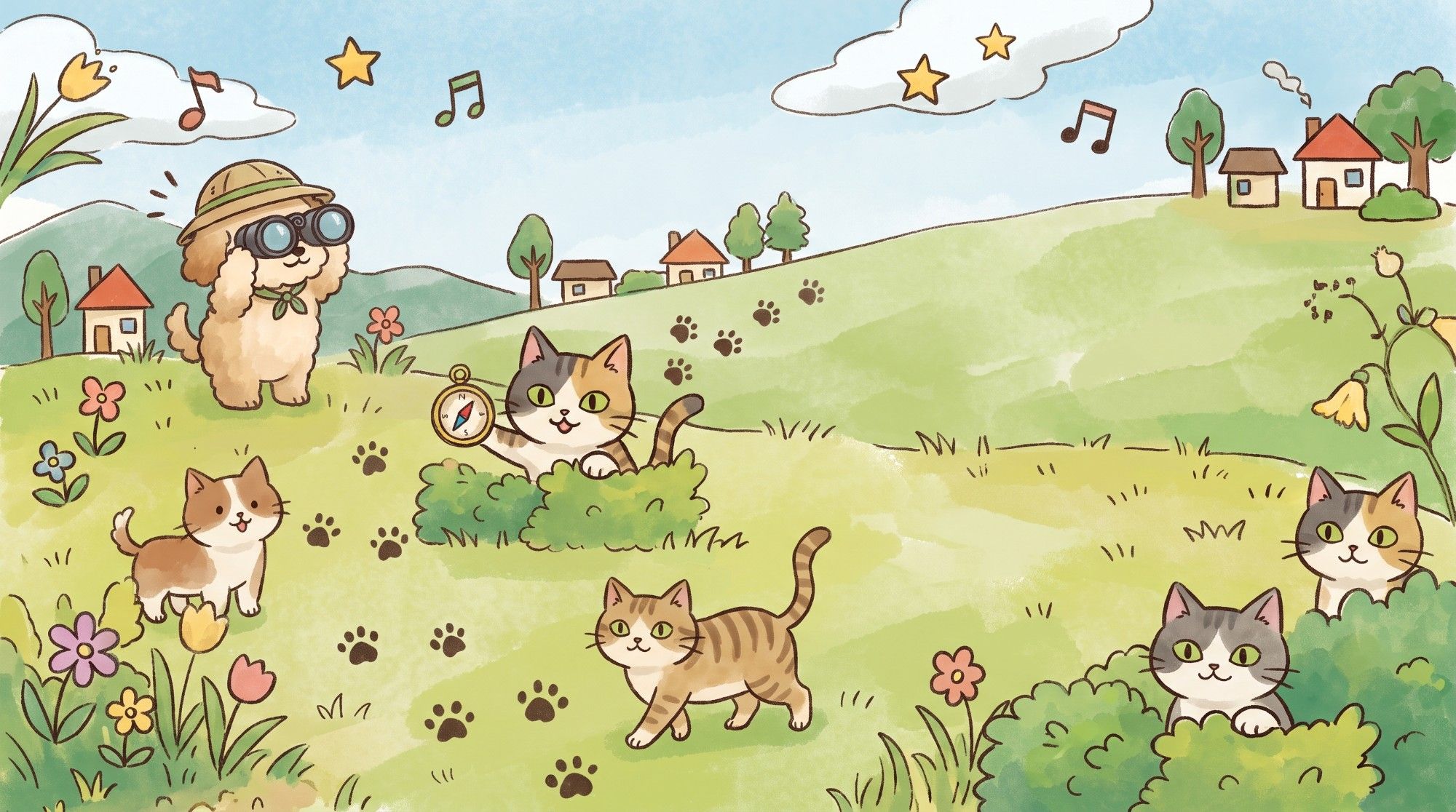 探検帽の犬と、茂みから顔を出す猫が、足あとをたどる草原のイラスト