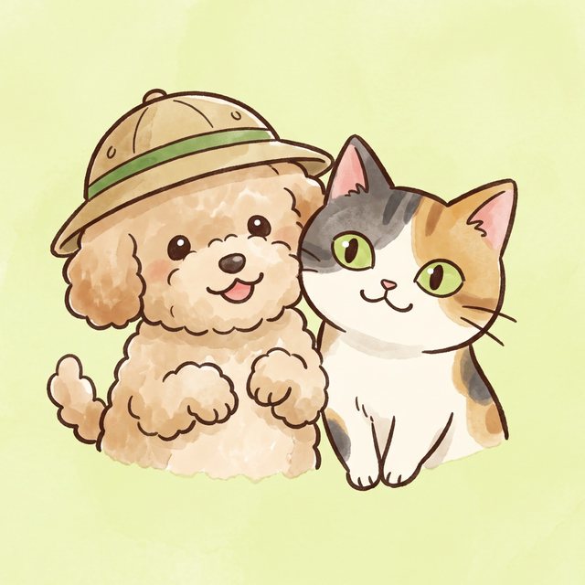 探検帽の犬と三毛猫が寄り添うイラスト
