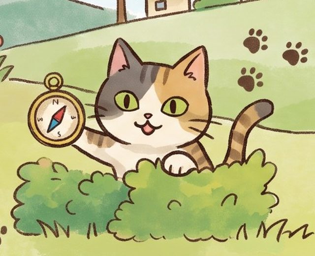 コンパスを持って茂みから顔を出す三毛猫