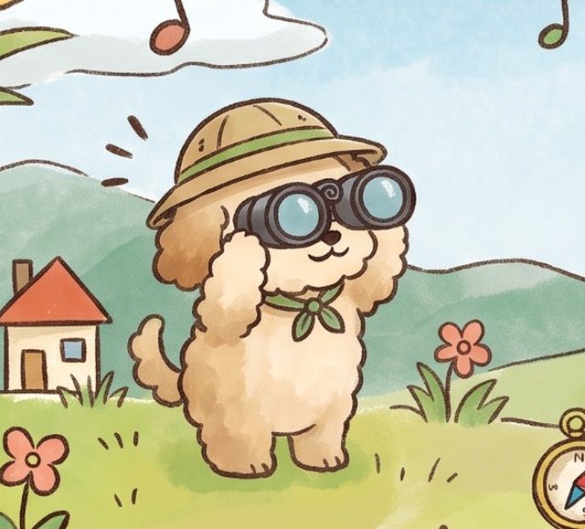 双眼鏡で遠くを見る探検帽の犬