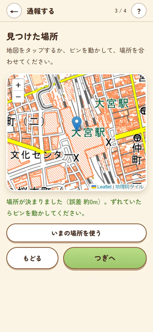 見つけた場所の画面。地図の上にピンが立っている